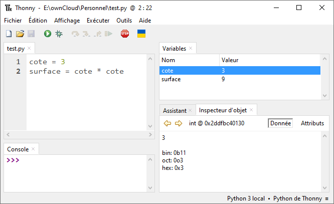 Interface du logiciel Thonny